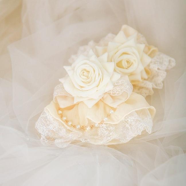 Dawn Wedding - Sweet Lolita Headress, Rose Decorated BNT Pair of Cuffs Only Yellow