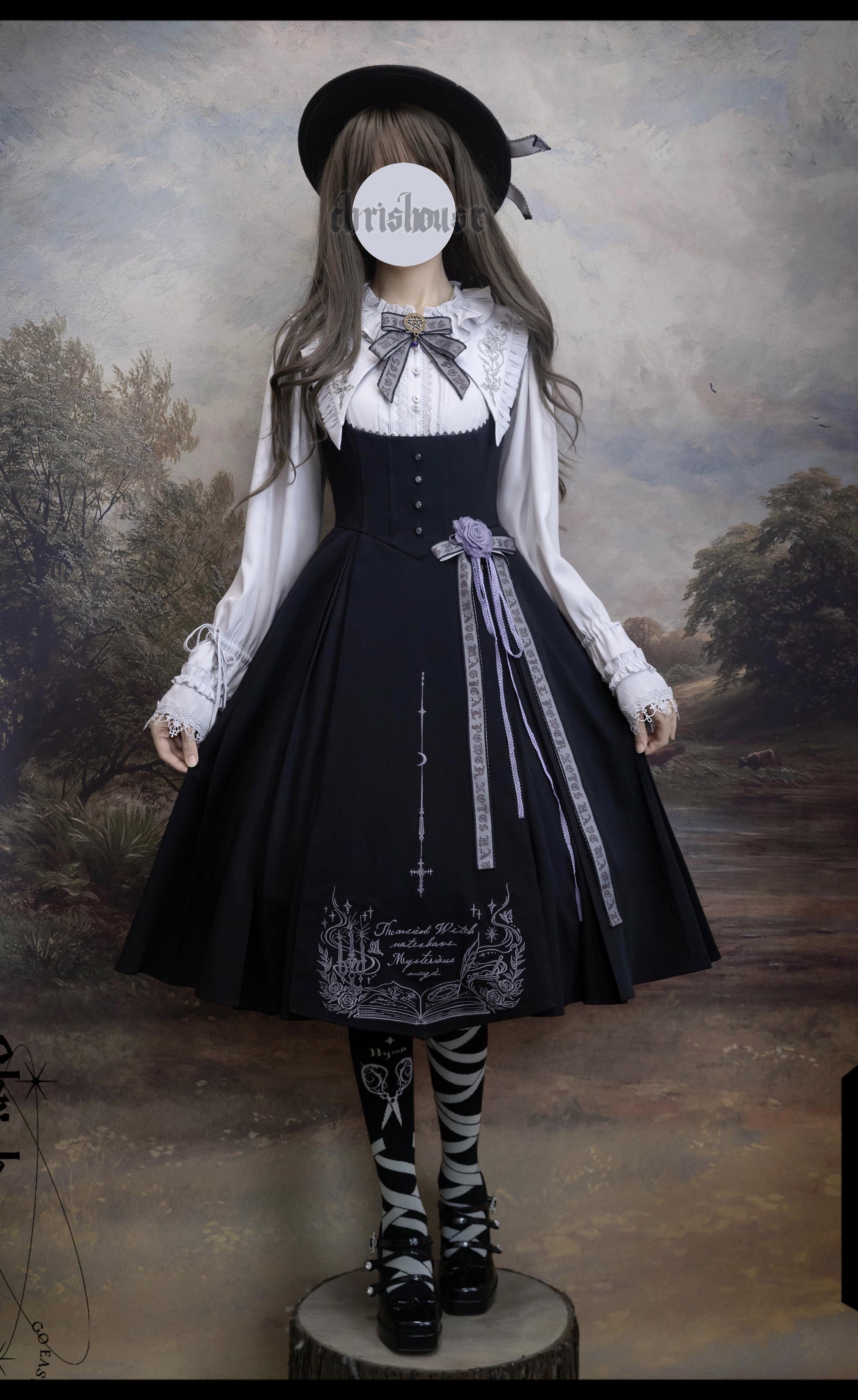 Chris House Lolita - Witch Notes - Gothic Loliat Embroidered Dress Suit, Cross and Rose Print (L M S XL) 44096:795140