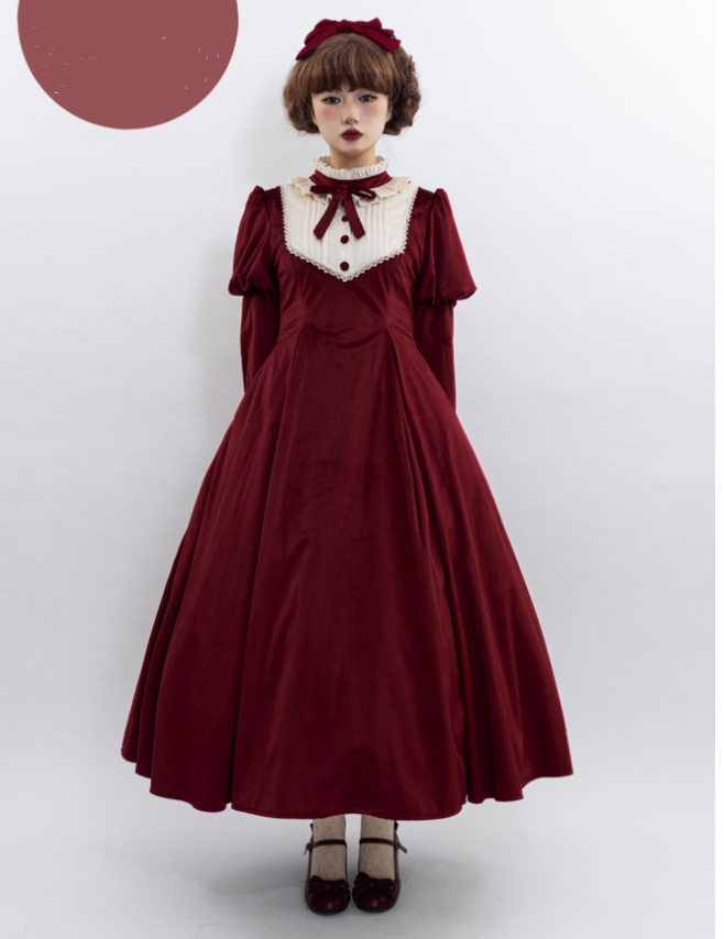 Poesy Lolita~Gem Buckle~Elegant Lolita Mutton Sleeve Dress S red 