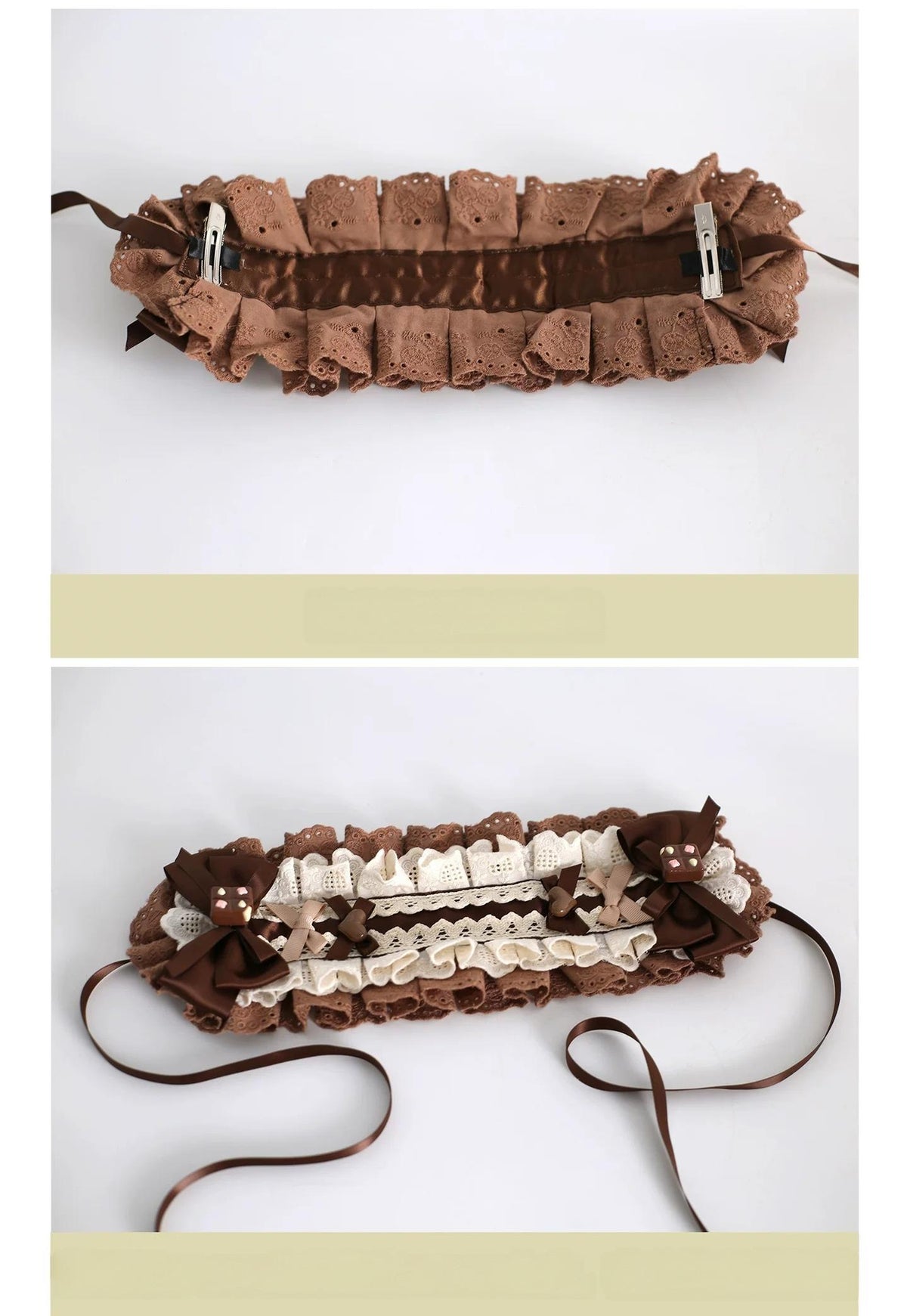 Coffee Brown Kawaii Lolita Hairband Accessory Set, Lace & Bear Ears 46088:874542