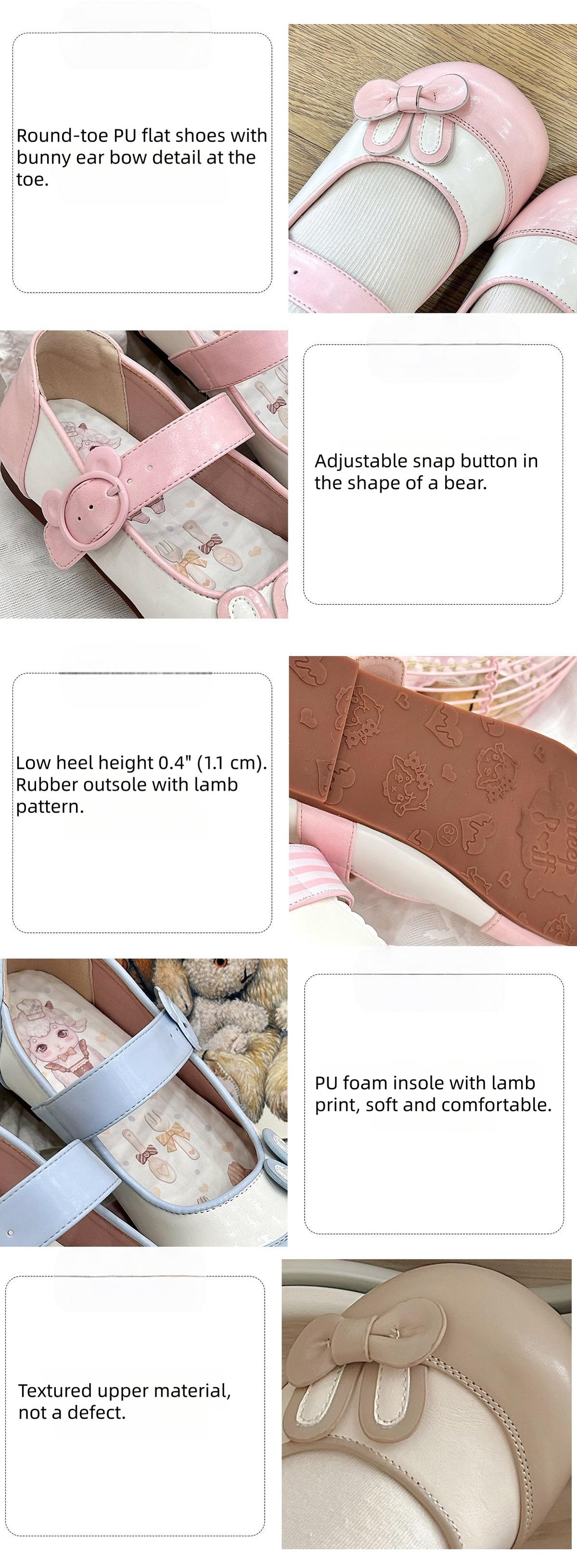 Bunny Milk Candy - Kawaii Lolita Flat Shoes, 3D Bunny Ear Bow