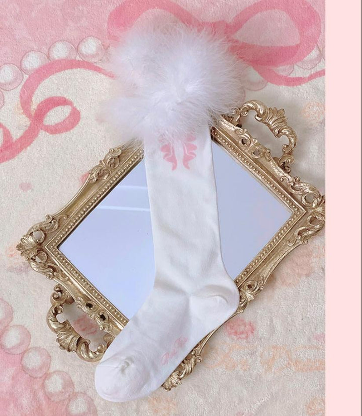 White Tea Dream~Cotton Lolita Calf Socks Knit Pink Bow Turkey Feather Socks   