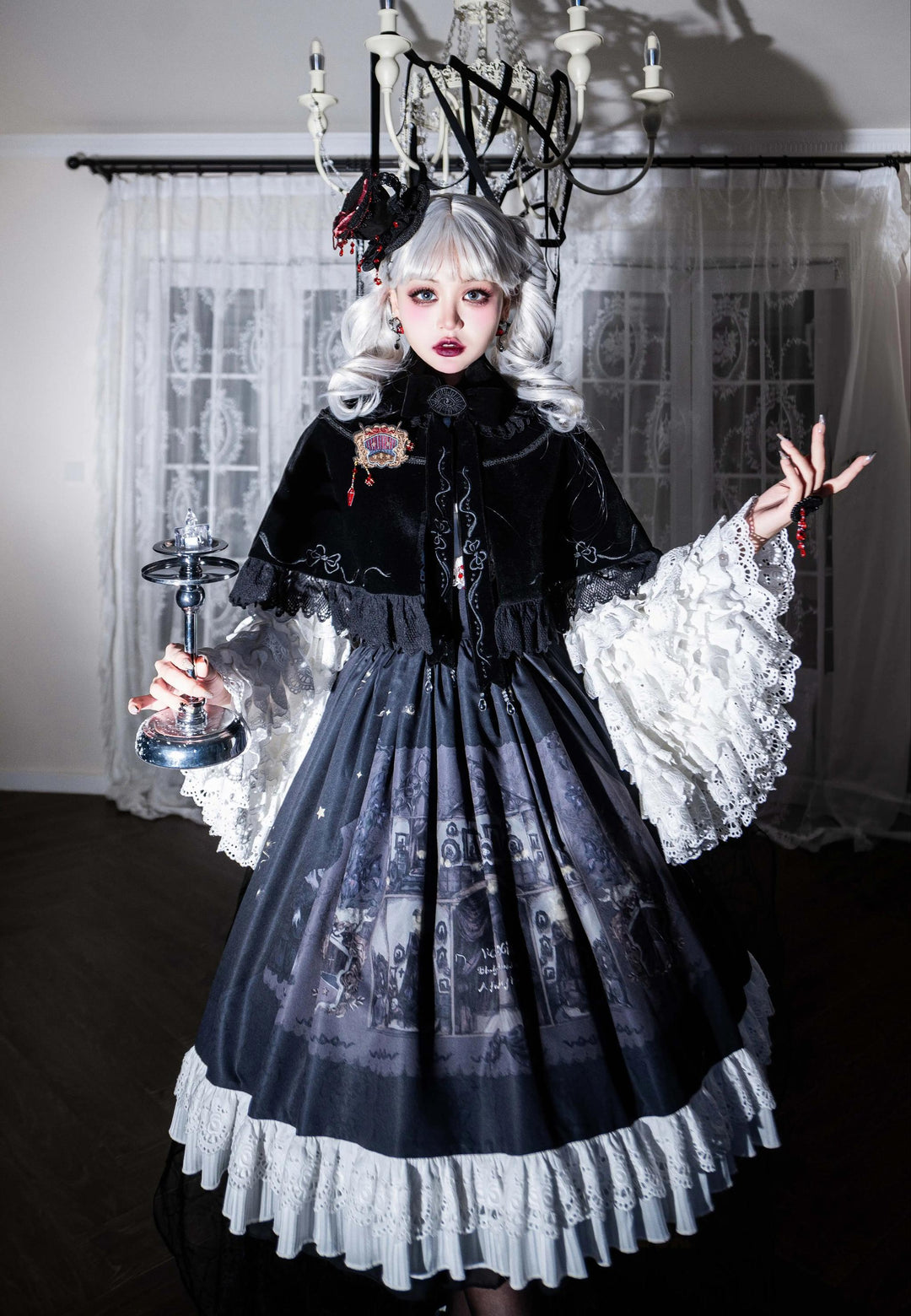 Dark Circle Clinic~Barbara Manor Night~Gothic Lolita JSK Pleated Floral Print Lolita Dress   