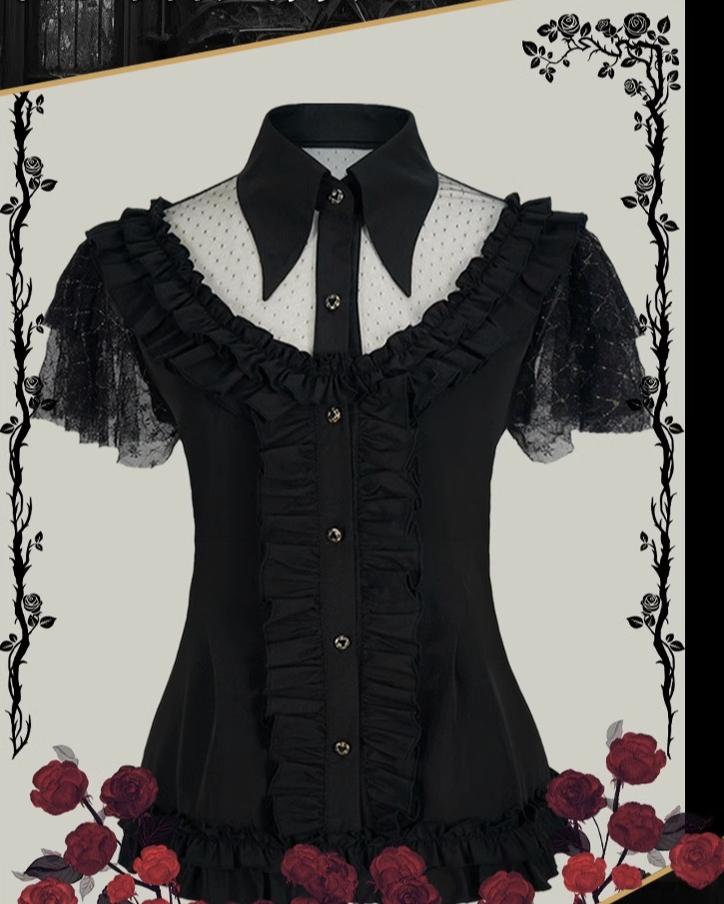 Gothic Lolita Shirt Black Flounce Hem Short Sleeve Shirt