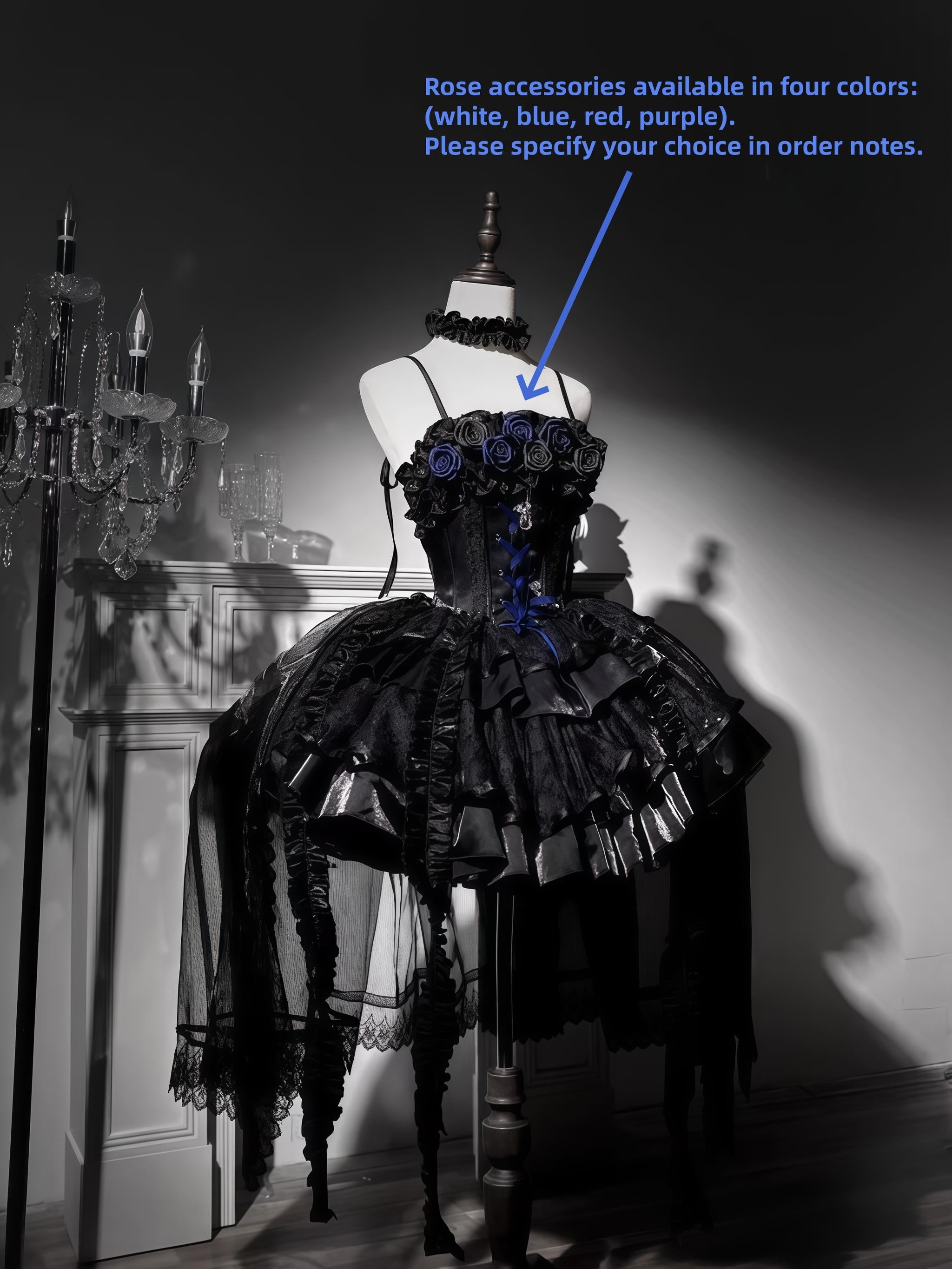 The Forbidden Garden - Gothic Lolita JSK Dress, Detachable Rose Accessories Black JSK + Trailing (specify rose accessories color in order notes) S