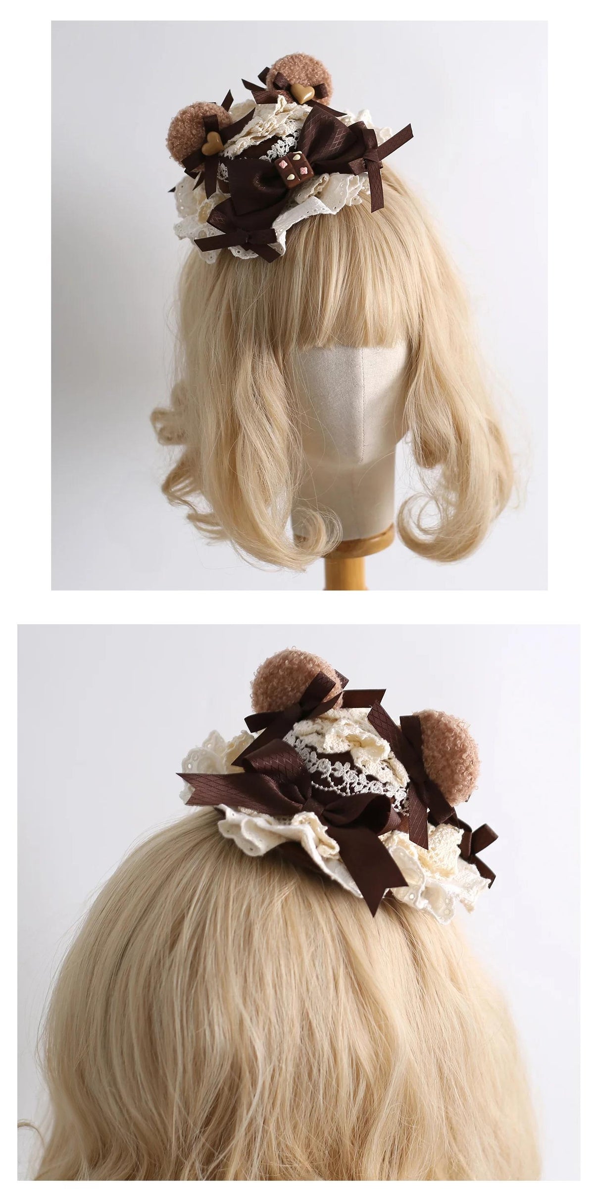 Coffee Brown Kawaii Lolita Hairband Accessory Set, Lace & Bear Ears 46088:874540