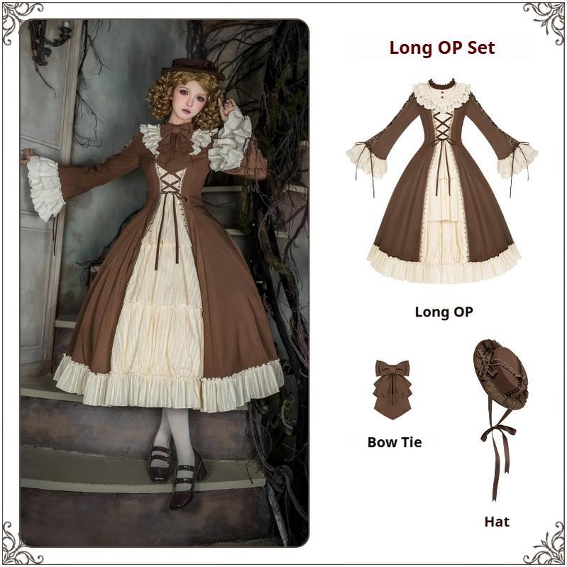 With PUJI - Walnut Box - Classic Lolita OP Dress Suit, Flared Sleeve Long OP Set (long OP + bow tie + hat) S