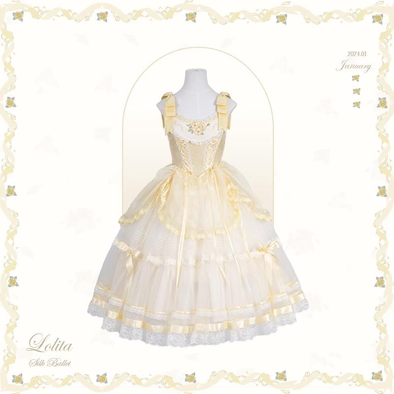 Mademoiselle Pearl~Silk Ballet~Wedding Lolita JSK Dress Princess Ballet Dress XS Long JSK (Yellow) 