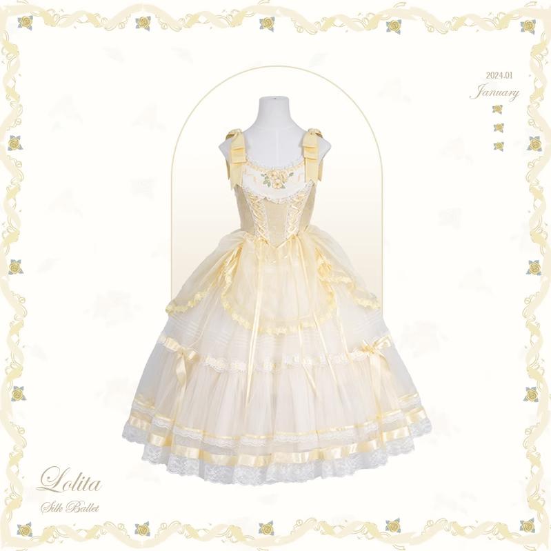 Flower and Pearl Box~Silk Ballet~Wedding Lolita JSK Dress Princess Ballet Dress XS Long JSK (Yellow) 