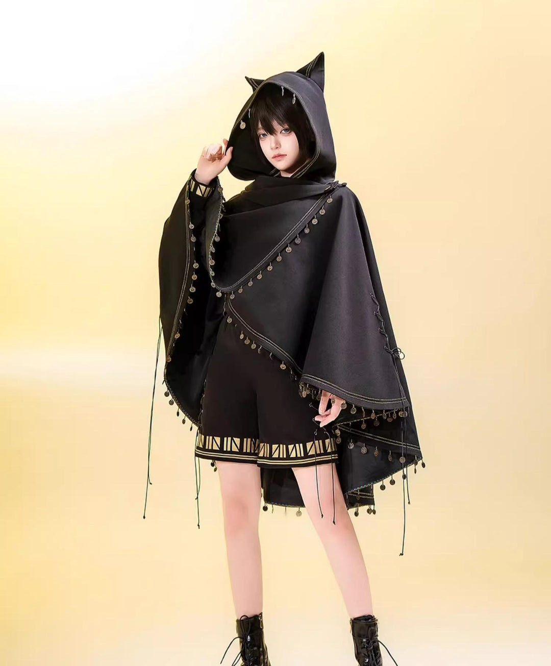 Princess Chronicles~Black Cat~Black Ouji Lolita Cape with Cool Cat Ear Hood Cape only (do not machine wash) S