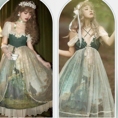 Cyan Lolita~Morning of Pine Forest~Elegant Lolita Bear Print Skirt   