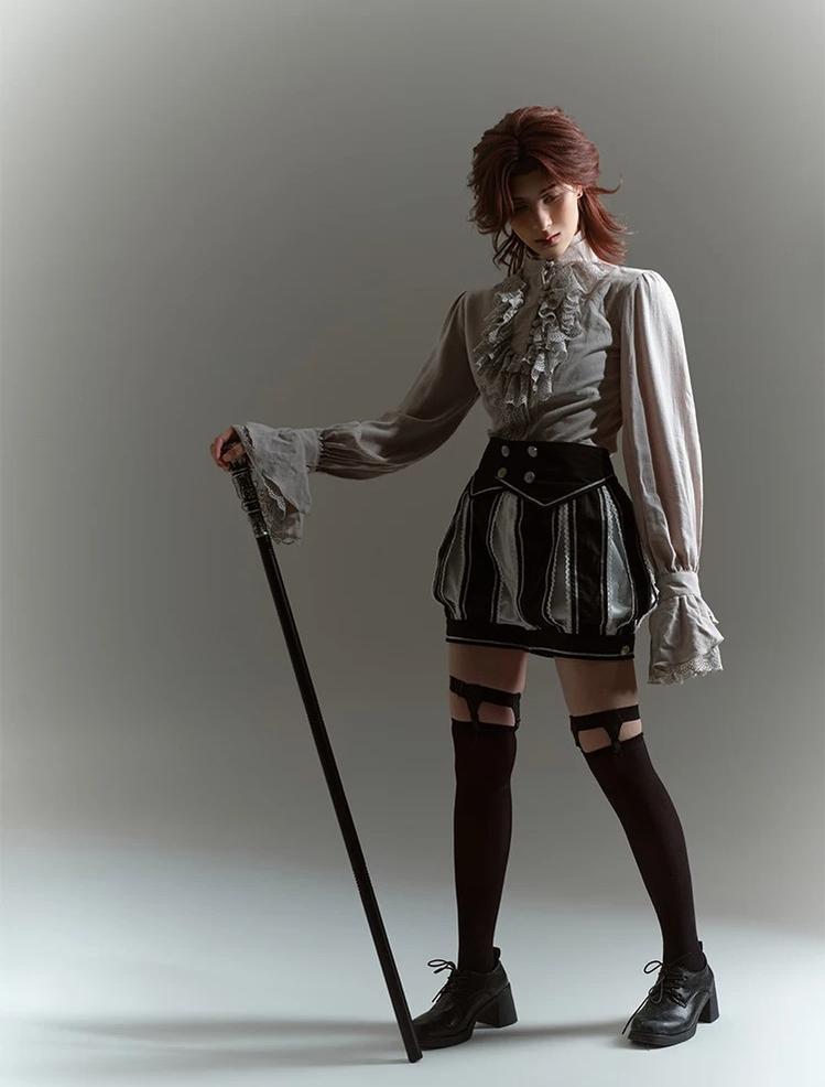 Crow Feather Ode - Ouji Lolita Cotton Linen Shirt and Clock Embroidery Vest Set 45665:857447