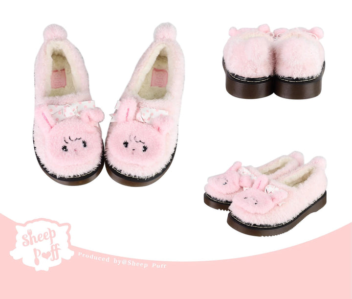 Sheep Puff~Mikko Rolled~Winter Lolita Shoes Warm Fleece Shoes Pink 34