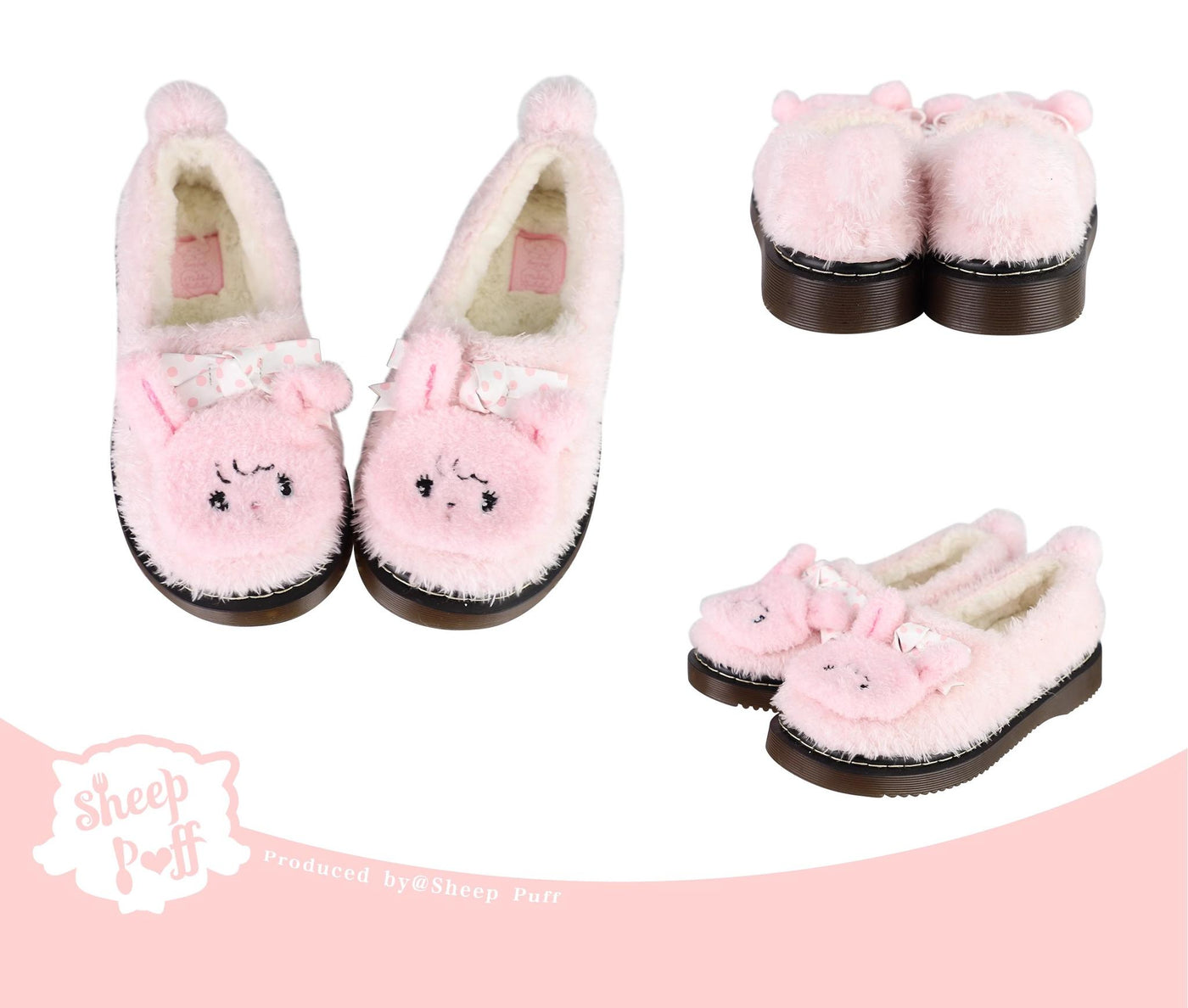 Sheep Puff~Mikko Rolled~Winter Lolita Shoes Warm Cotton Fleece Shoes Pink 34 