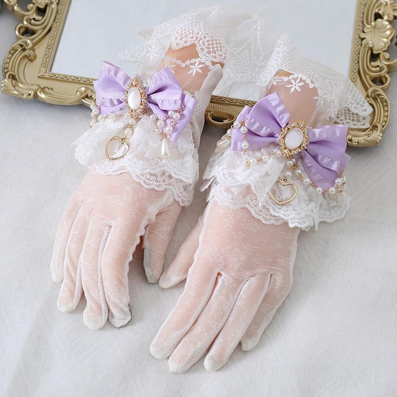 Xiaogui~Vintage Lolita Gloves Lace Bow Bead Chain Sunscreen Gloves light purple  