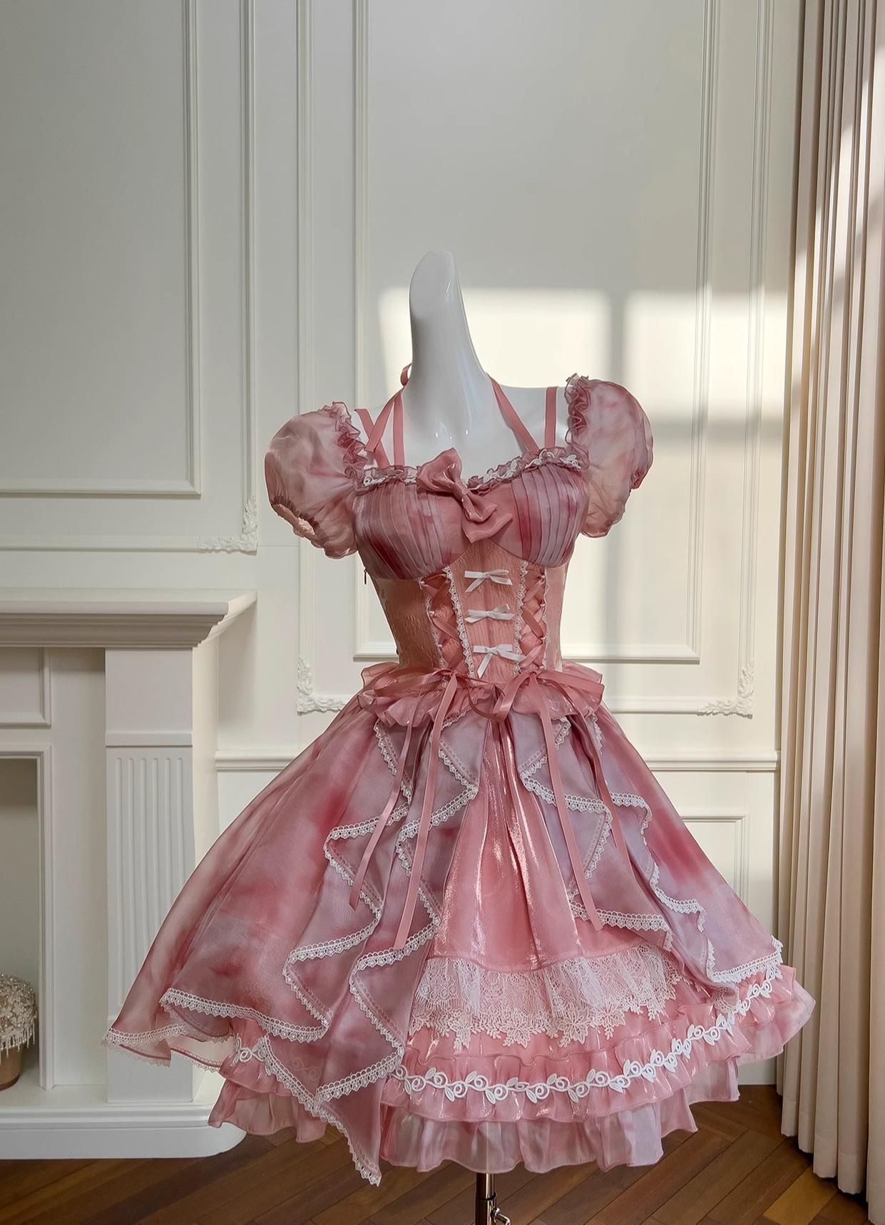 (BFM)Anna~Sweet Pink Lolita OP Dress Princess Sleeves Lolita Dress Orange-pink OP M 