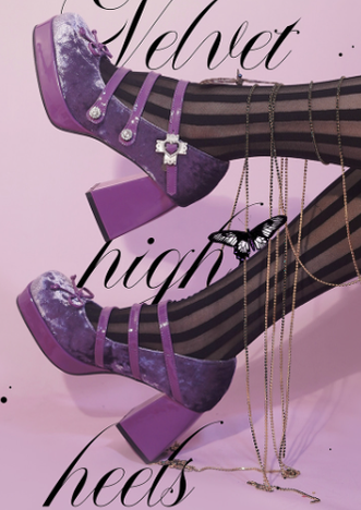 Pure Tea For Dream~Vintage Lolita Velvet Bow High-heel Shoes 35 velvet grape purple 