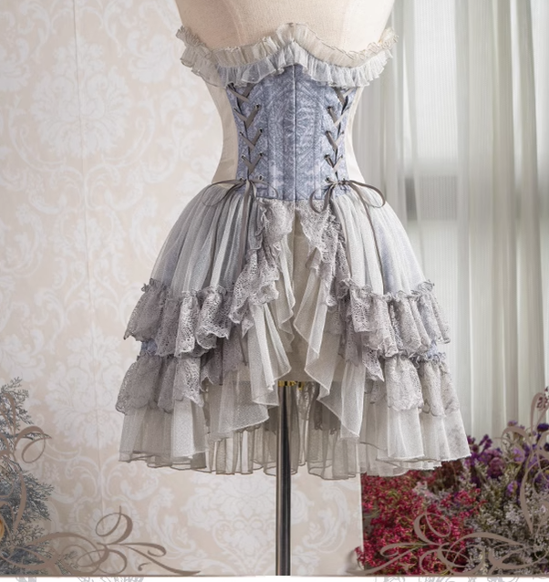 Neo Ludwig~Elegant Lolita Fishbone Corset Tail Dress 70 silver-blue 