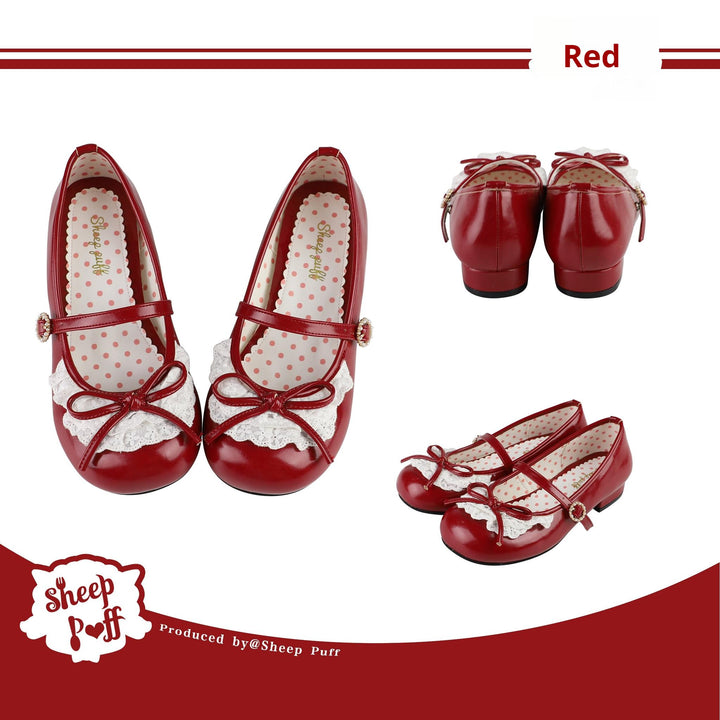 Sheep Puff~Young Layla~Vintage Lolita Shoes Low Heel Butterfly Shoes 34 Red - low heels 