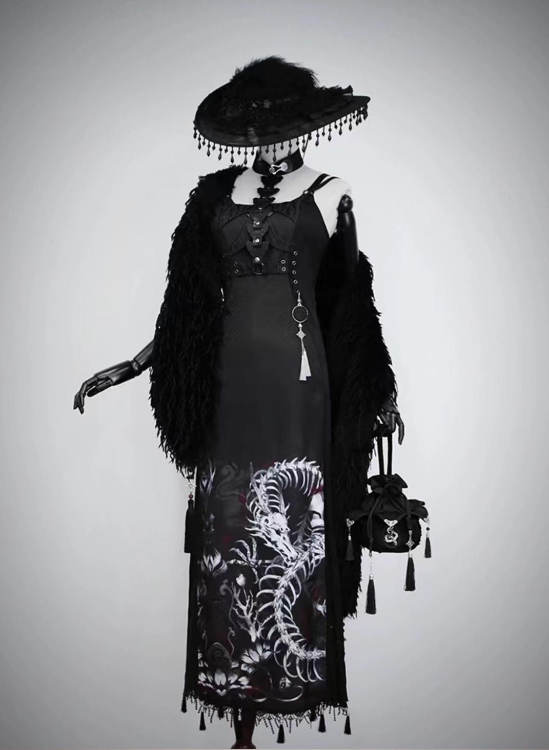 Alice Girl~Bony Dragon~Qi Lolita Jumper Dress Dragon Embroidery Cheongsam Black JSK (Long) XS 