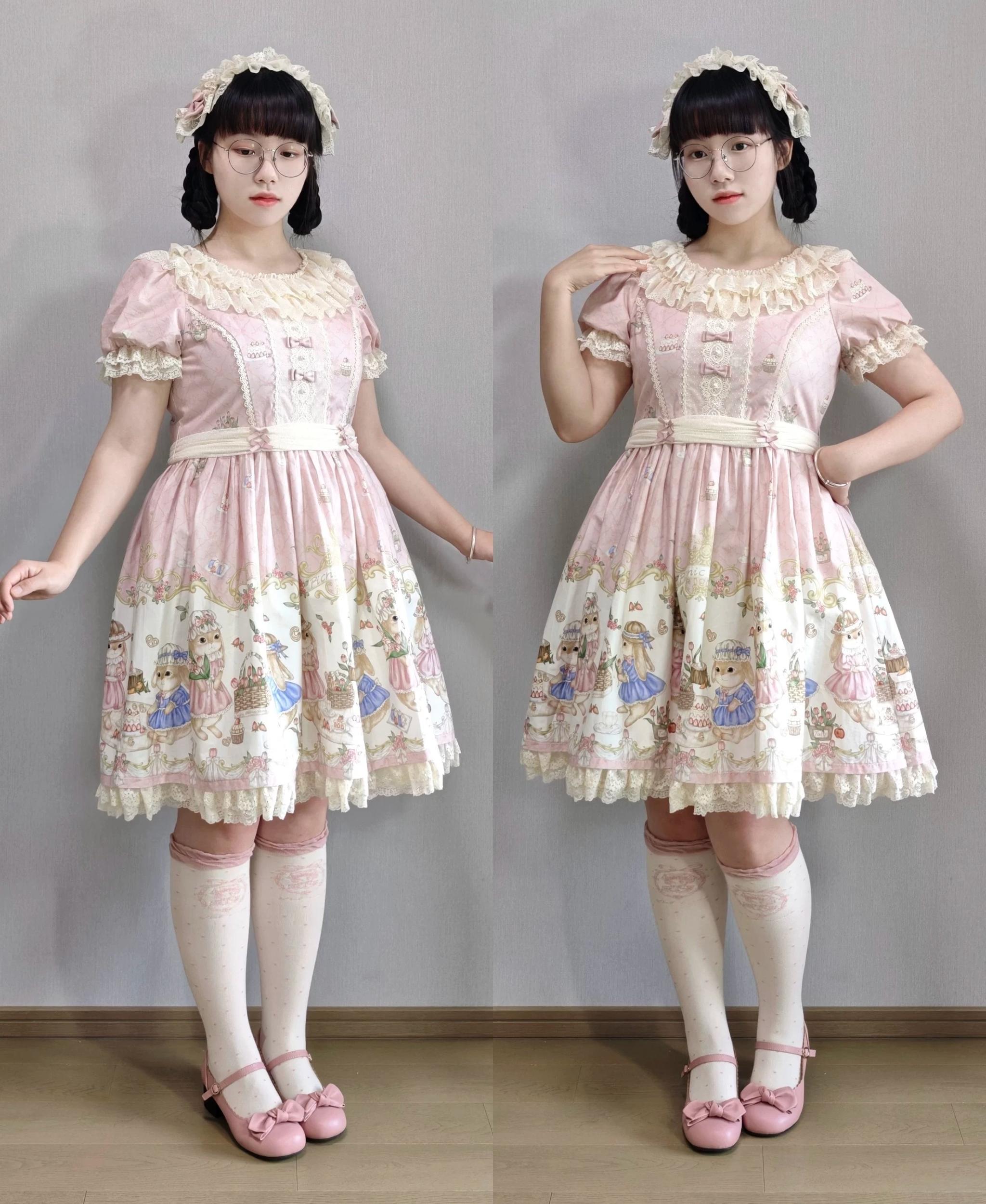 Picnic Bunny - Cotton Daily Doll-like Lolita OP Dress, Bunny Print 45670:858018