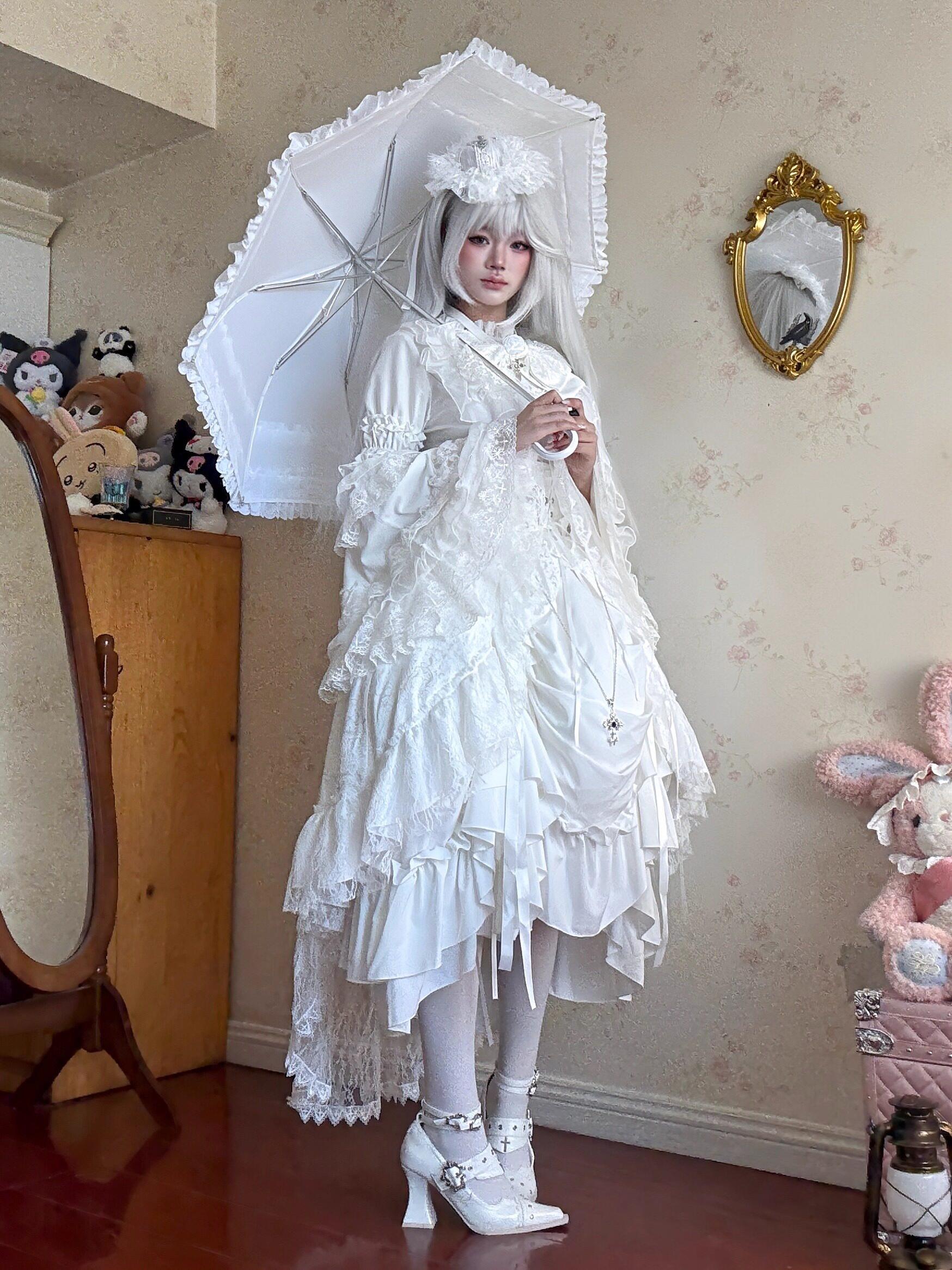Classic Lolita Foldable Sunscreen Parasol with Ruffles White Parasol (with transparent UV coating)
