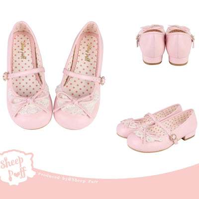 Sheep Puff~Little Leila~Daily Lolita Lace Round Toe Flat Shoes Multicolors 34 pink 
