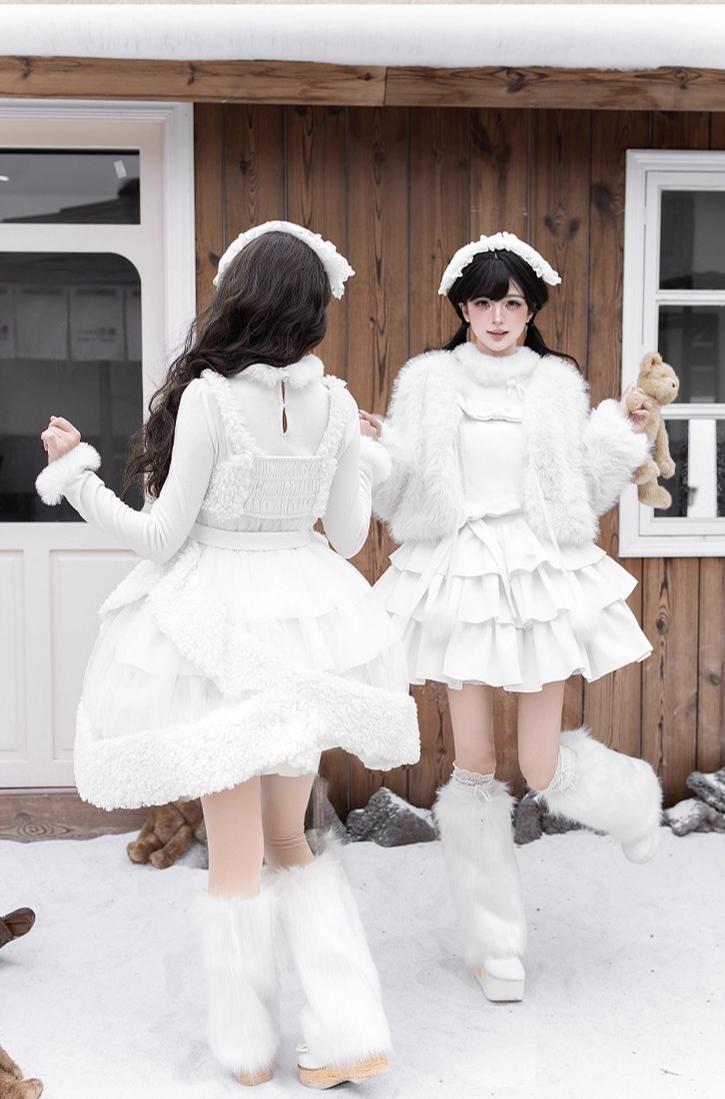 With PUJI - White Choco - Winter Kawaii Lolita JSK Dress Set, Fluffy Accents 44246:801116