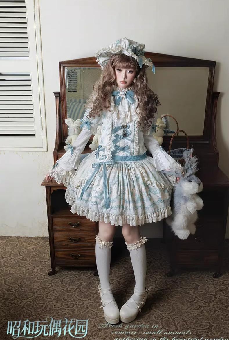 Showa Doll Garden - Elegant Plus size Lolita Dress, Bunny & Lamb Print 44534:812134