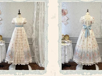 Alice girl~Night Rose~Retro Lolita Dress Floral Print Short Sleeve OP Dress blue and pink (long style) XS 