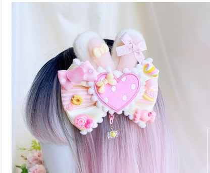 (Buy for me)Sweetheart Endless~Sweet Lolita Lace Rabbit Ears Cuffs Multicolor a yellow-pink heart badge (not cuff)  