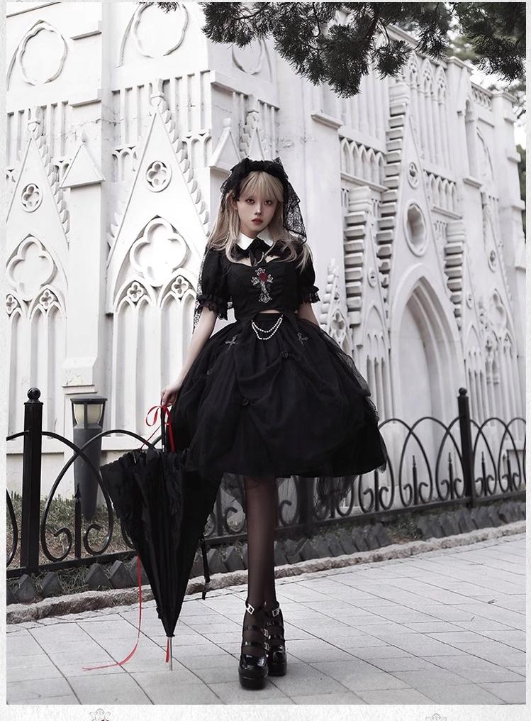 With PUJI~Evil Flower~Gothic Lolita Skirt Set Rose Embroidered Hollow Out Blouse 39596:631176