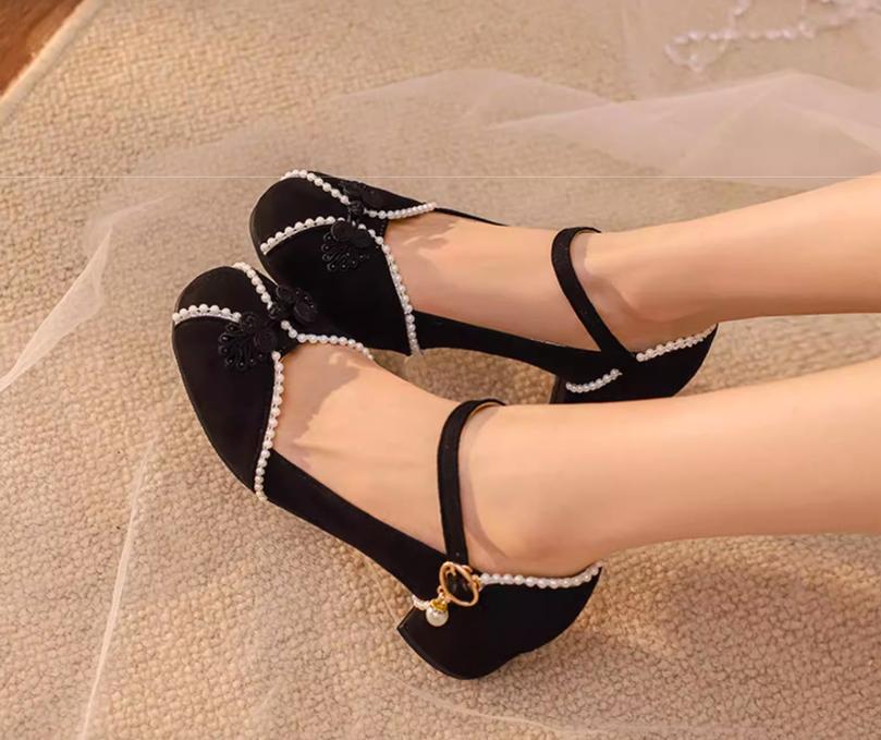 Yana~Huaiyu Yana~Chinese Style Han Lolita Shoes Lolita Chunky Heel Shoes Black 33 