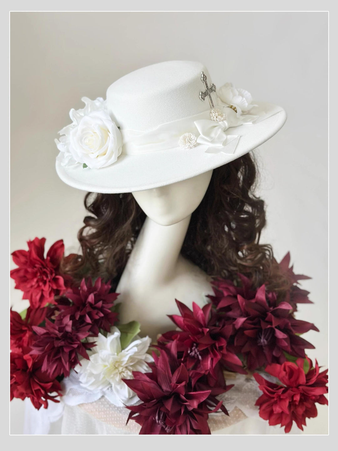 (BFM)Dark Star~Moonlight Sigh~Gothic Lolita Heart BNT Brooch Hat Lolita Accessories White Handmade Top Hat Free size 