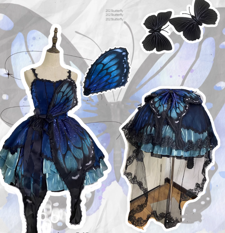 Star fantasy~Butterfly Ballet~Gothic Lolita Butterfly Shaped Accessories side clips blue-green gradient color free size