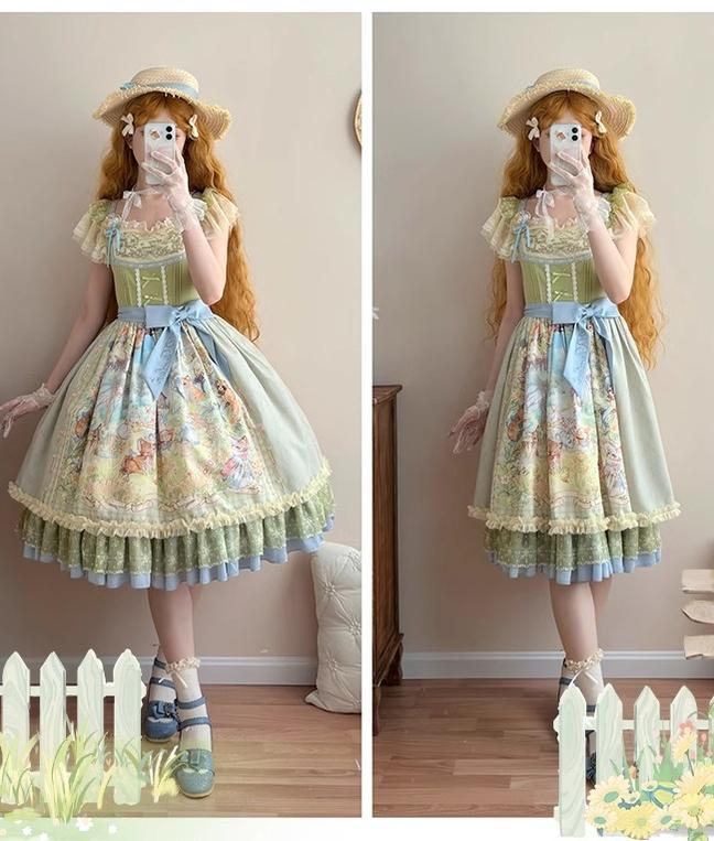 Strawberry Fantasia~Spring Bloom~Country Lolita JSK Set with Animal Prints and Overlay