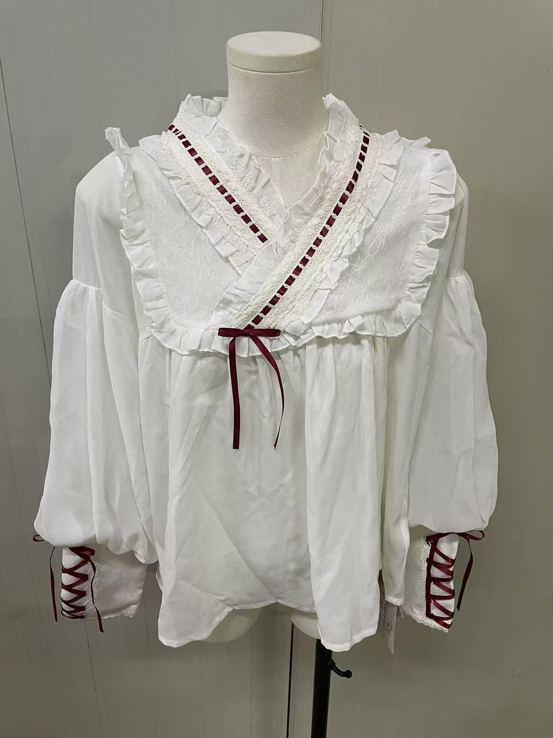 42Lolita Clearance Items Collection #31-White long sleeve shirt with burgundy ribbon - size L