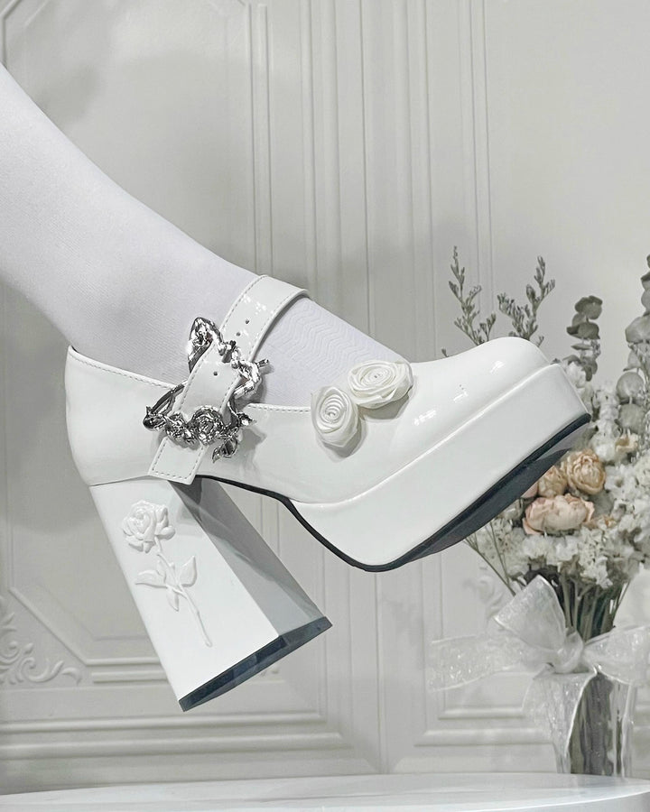 Dreamland~Cyclic Wonders~Elegant Lolita High Platform Shoes with Butterfly and Rose Details White Patent Leather 34