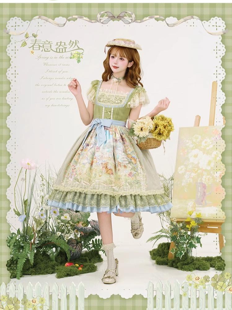 Strawberry Fantasia~Spring Bloom~Country Lolita JSK Set with Animal Prints and Overlay