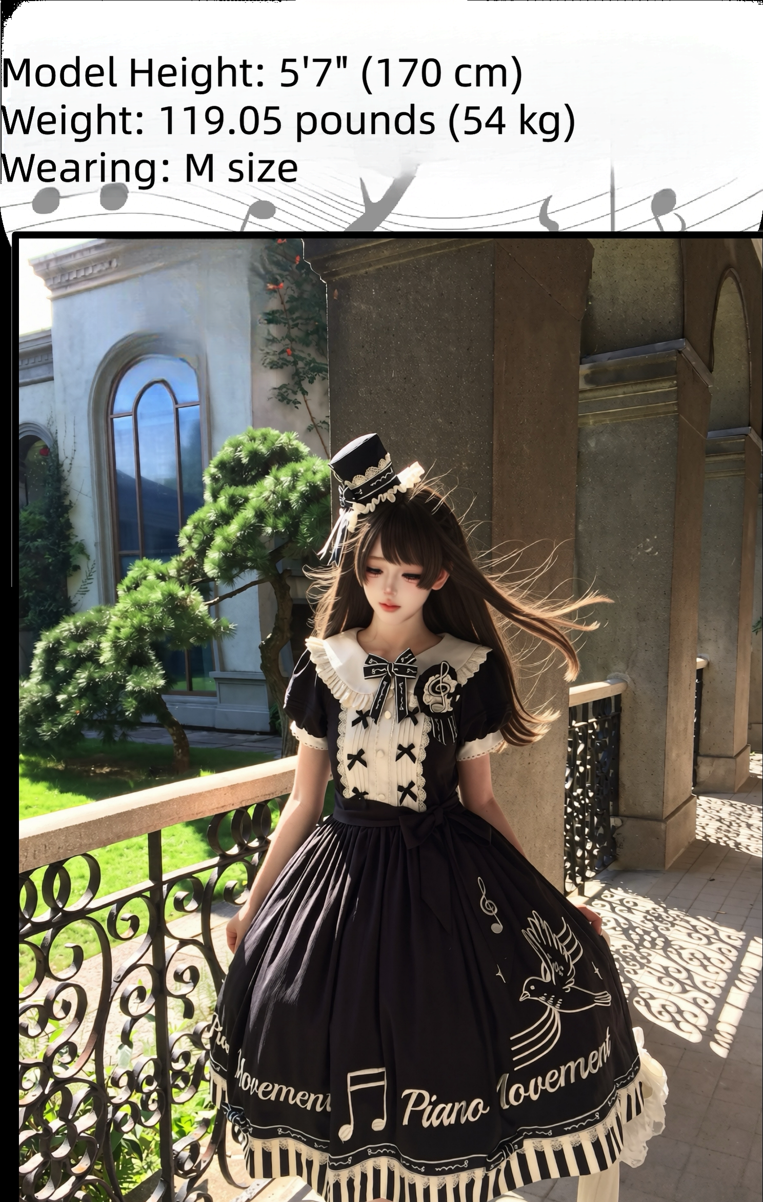 Birdsong Melody - Piano-themed Old School Lolita OP Dress, Side Pockets 45818:863276