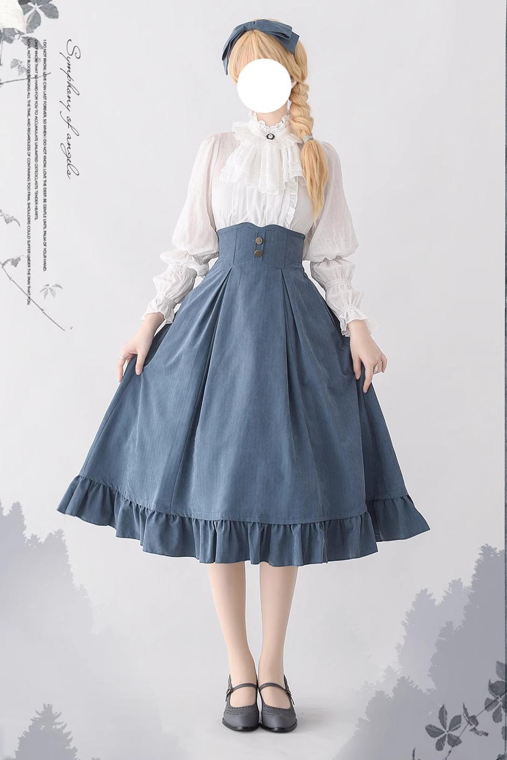 (BFM)Forest Wardrobe~Misty Forest~Elegant Vintage Fishbone Lolita Long Skirt Lolita Vest S mist blue skirt only 