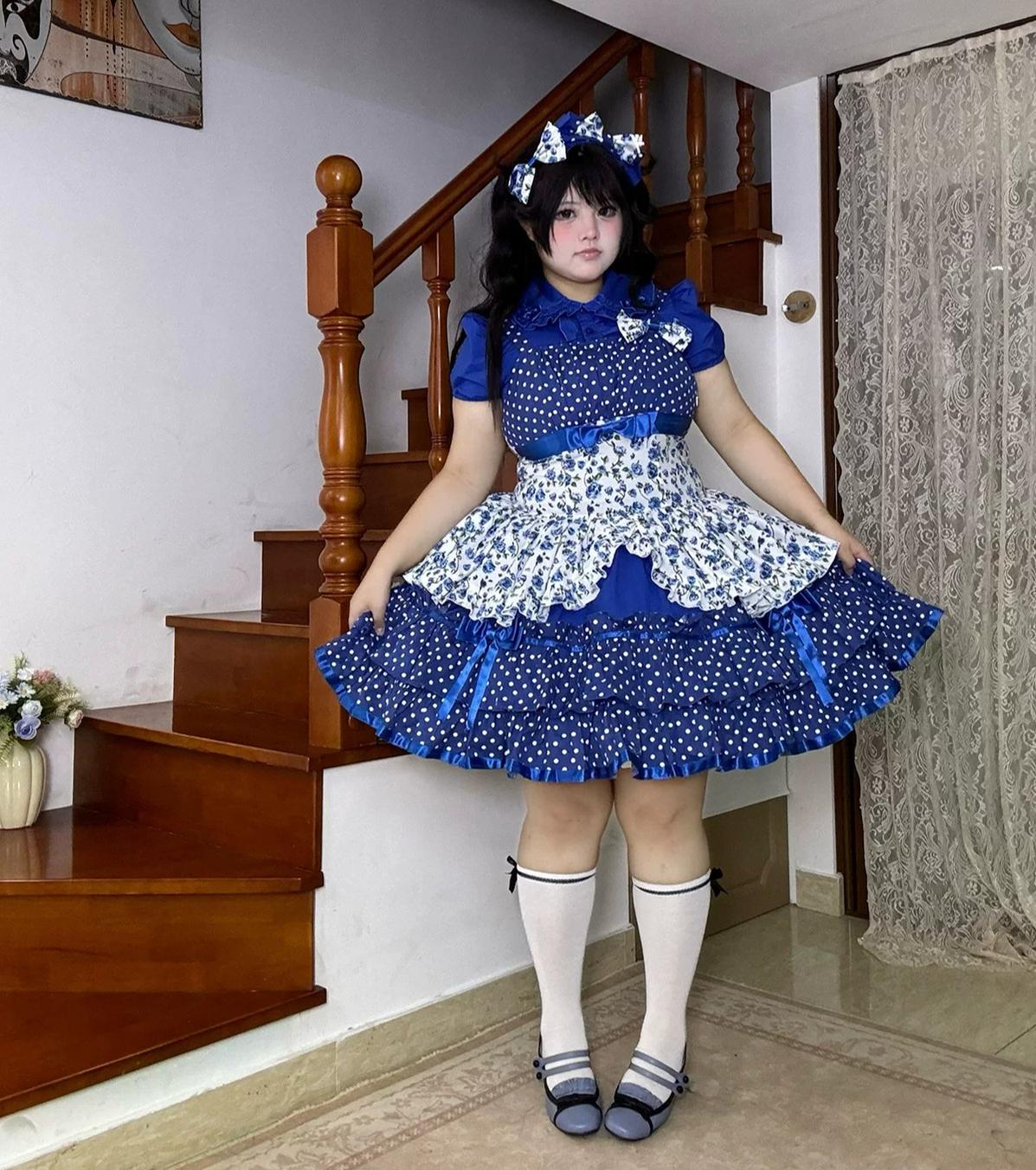 Libobo - Cotton Old School Lolita JSK Dress, Polka Dot & Floral Print 45878:866146