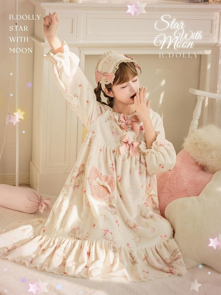 Baduoni~Starry With Moon~Winter Sweet Lolita Nightgown Dress Flannel Dree with Pants