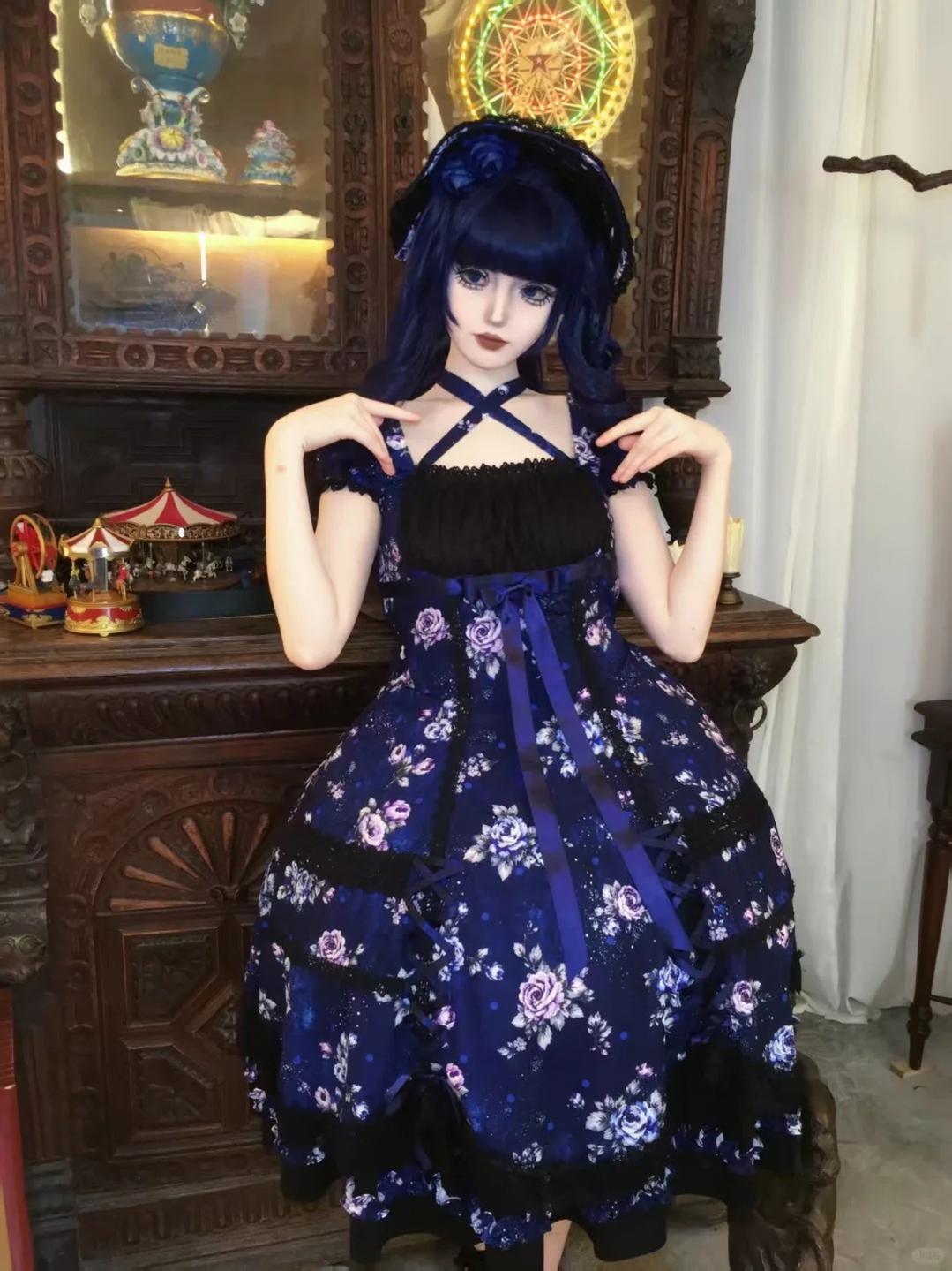 Starry Whisper - Six-panel Old School Lolita Rose Print OP Dress, Back Opening 45791:865223