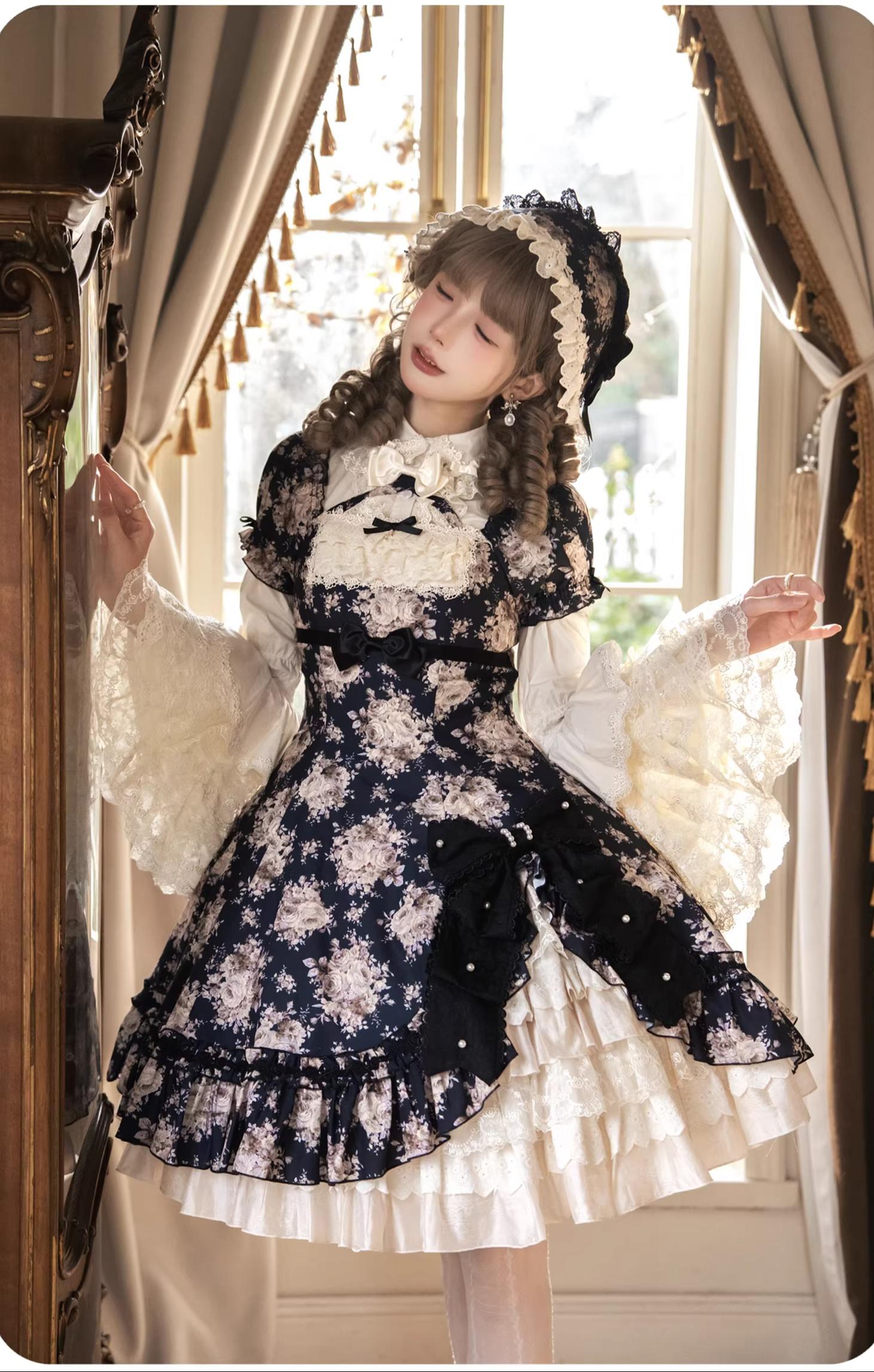Black Rose - Printed Old School Lolita Dress, Front Opening