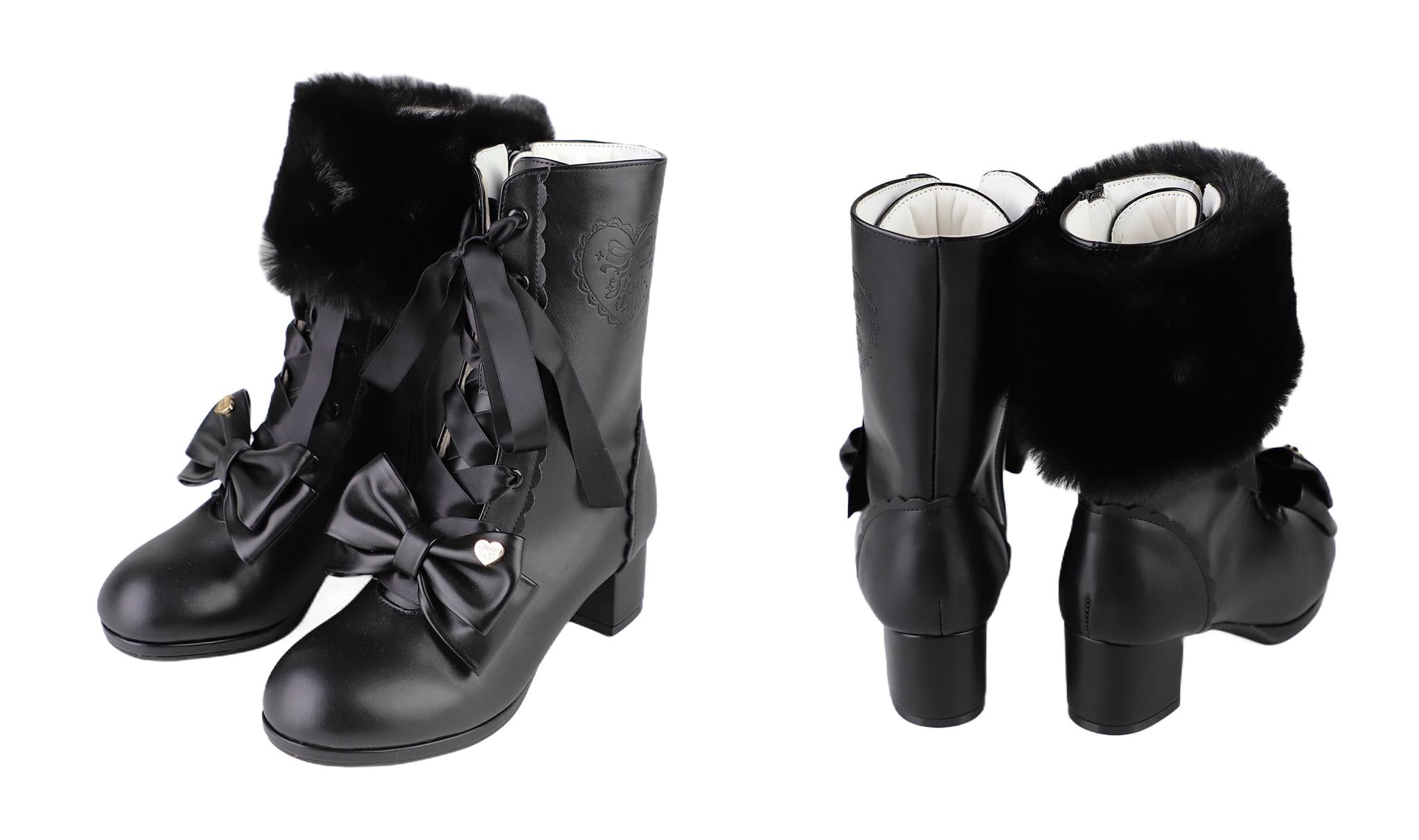 Sheep Puff - Snowy Mochi - Kawaii Lolita Winter Boots, Detachable Fur Trim (黑色 / 35 36 37 38 39 40) 43995:791504