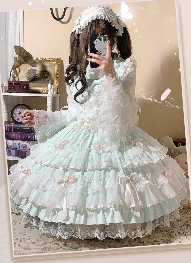 ZhiJinYuan~Love Notebook~Old School Lolita JSK Dress Vintage Doll Tiered Skirt Light Green S