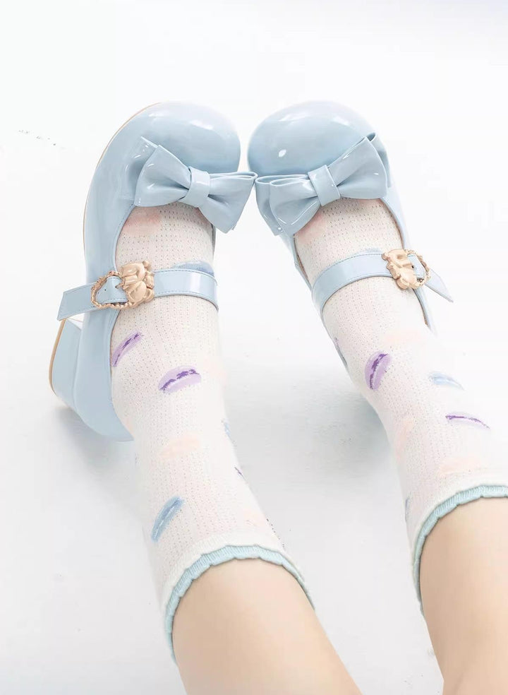 Sheep Puff~Hug Bear~Sweet Lolita Heel Shoes Bear Metal Buckle Bow Shoes   