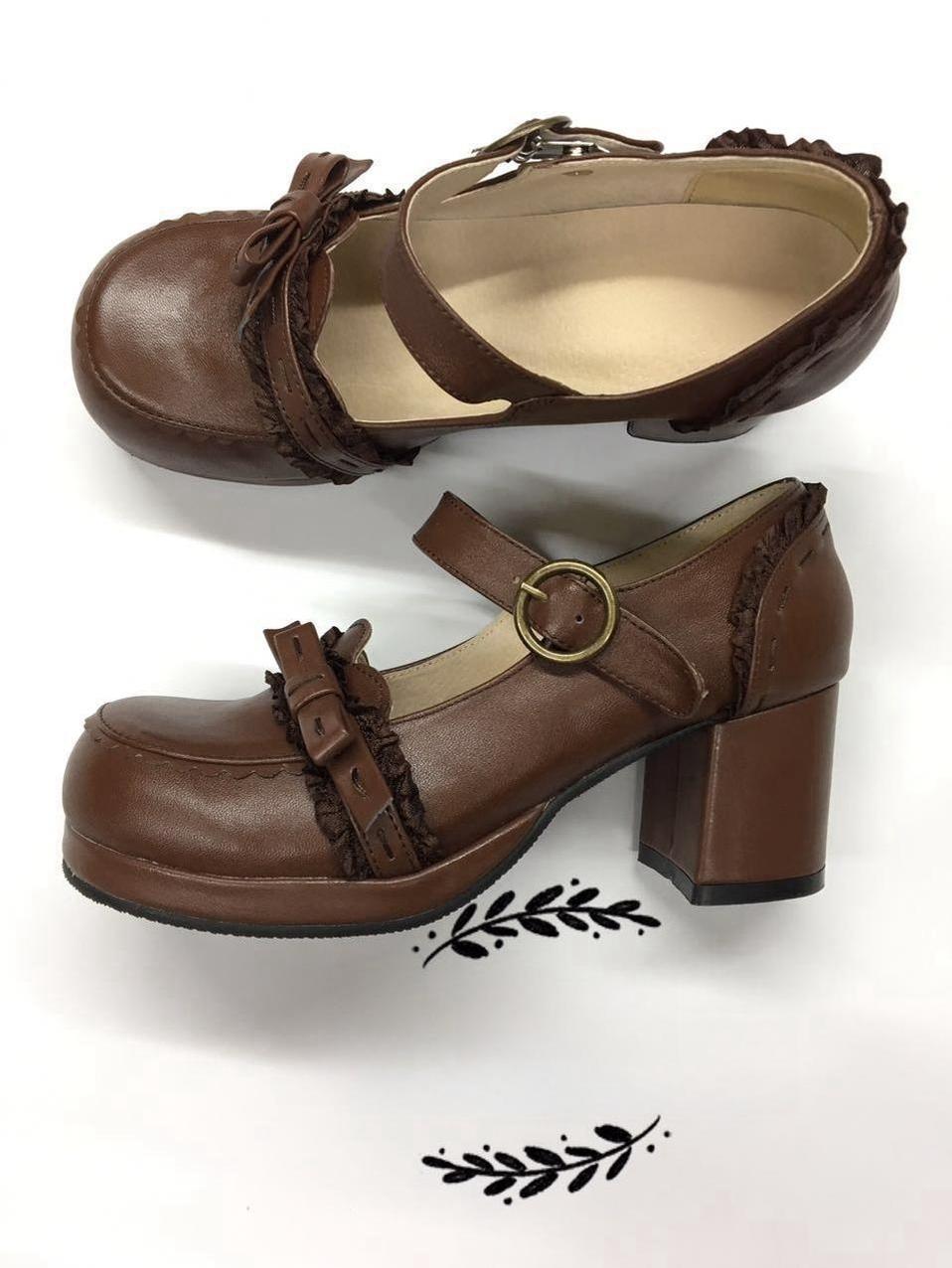 Bow Lace Customized Lolita Shoes 34 custom brown cow leather