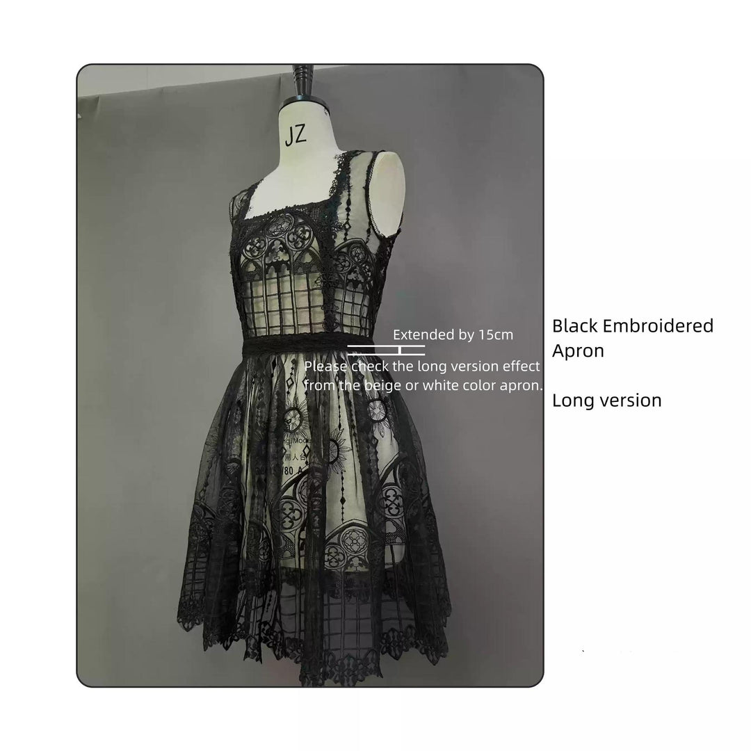 SUSIN~Night Traveler~Classic and Elegant Gothic Dress with Colorful Window Prints M Black Embroidered Apron only- Long version Size 0 